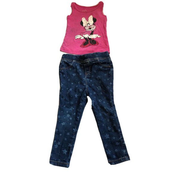 Disney Girls 2 Pieces Top Tank Pink Leggings Jeans Blue Elastic Waist 18-24M - Picture 1 of 8